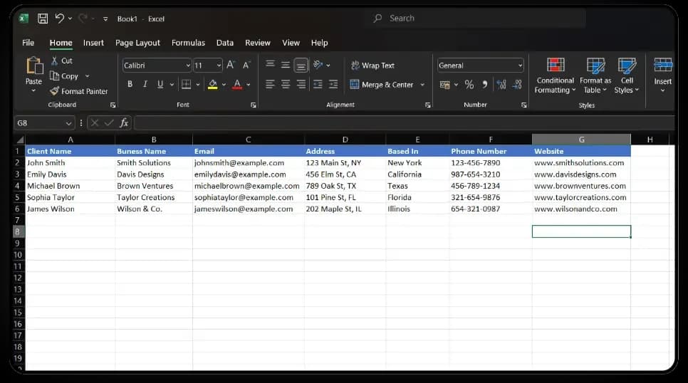 A contact spreadsheet of client names, emails and phone numbers