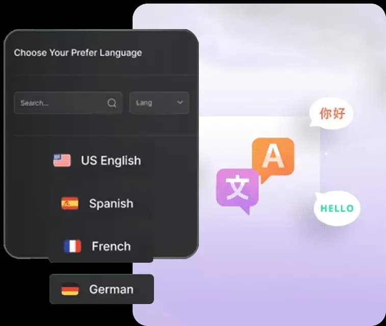 A language picker offering US English, Spanish, French and German