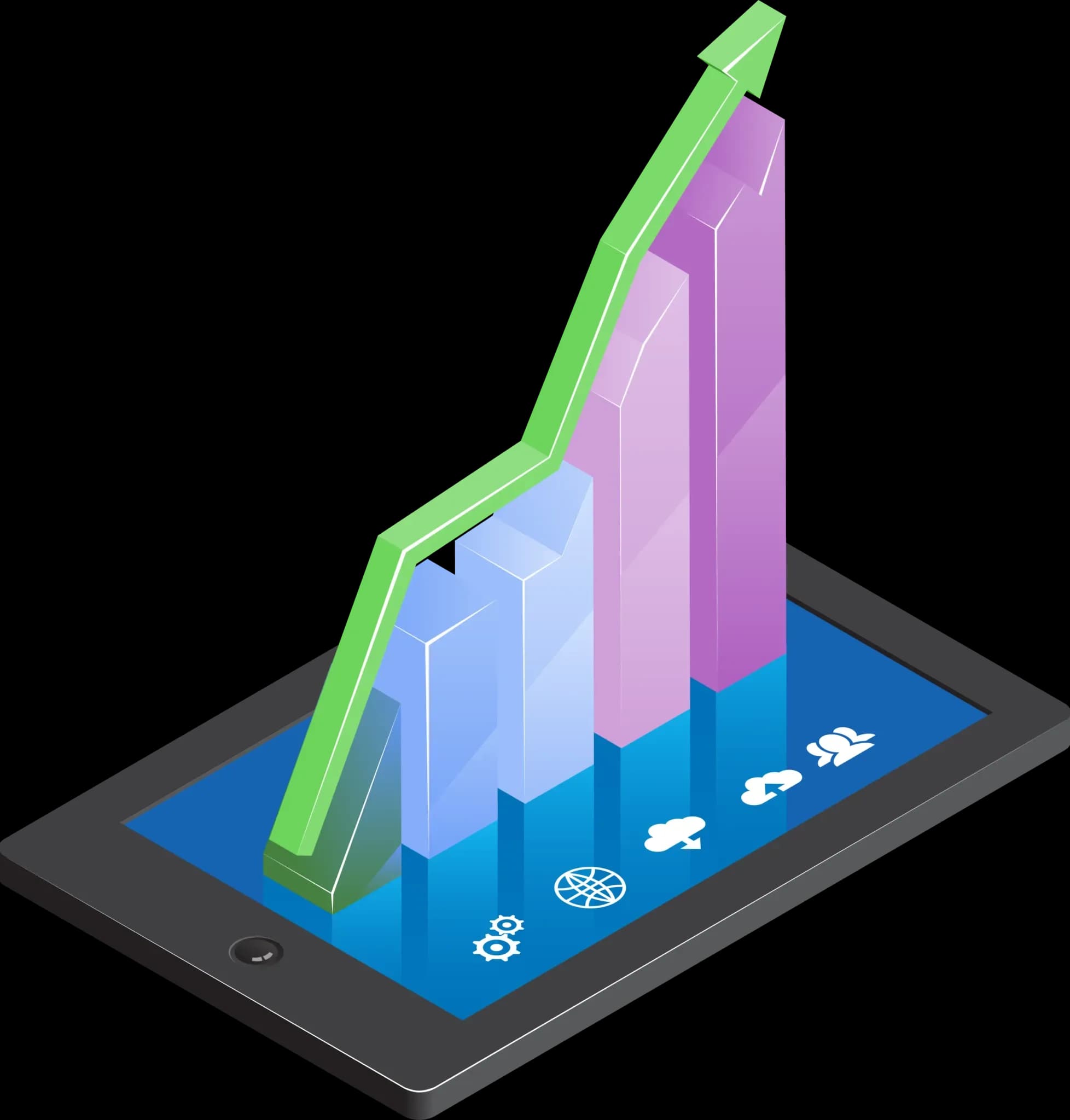 A tablet with a bar chart and a growth arrow rising out of it